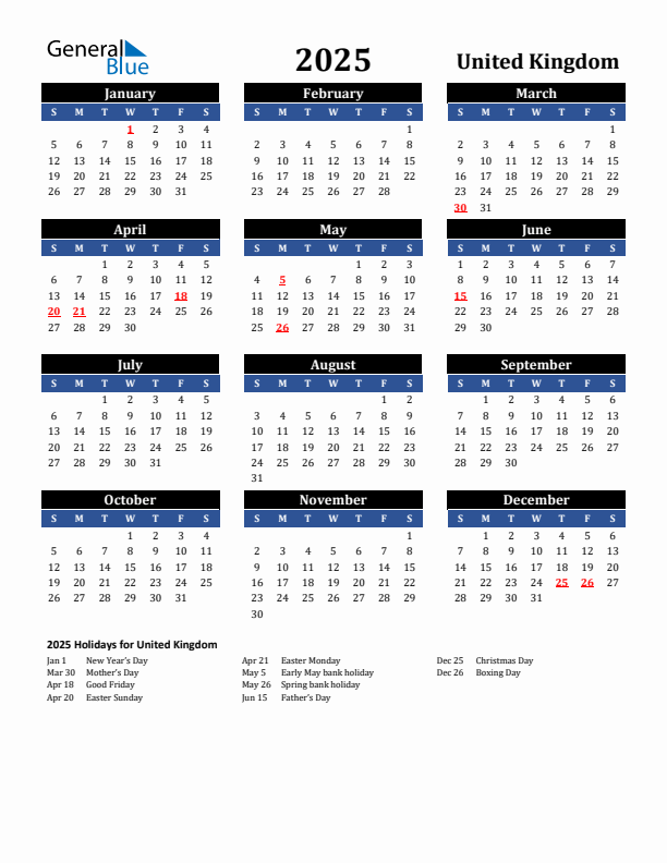 2025 United Kingdom Holiday Calendar