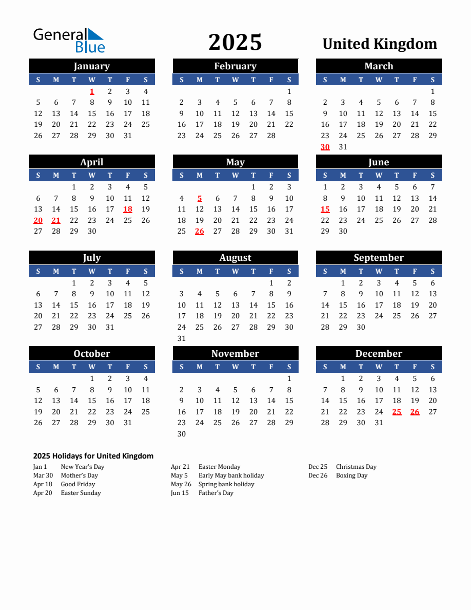 2025 United Kingdom Holiday Calendar