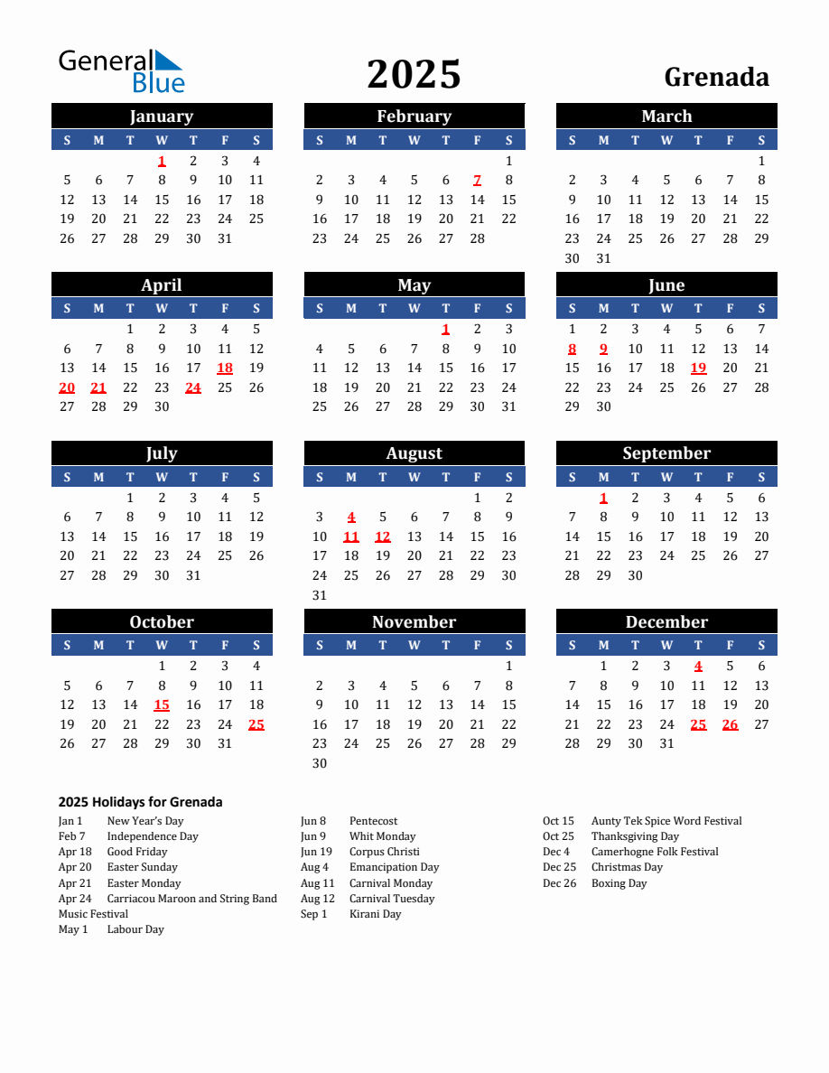 2025 Grenada Holiday Calendar