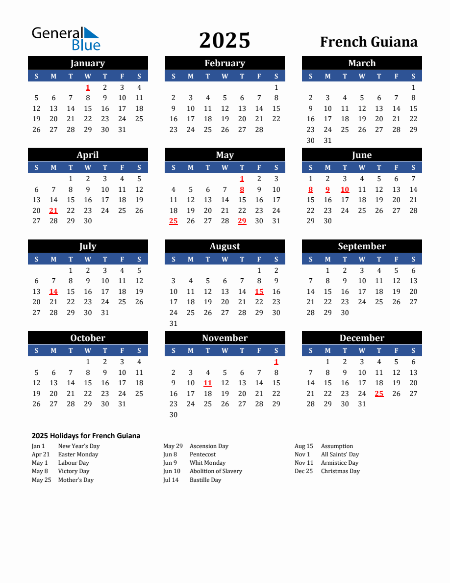 2025 French Guiana Holiday Calendar