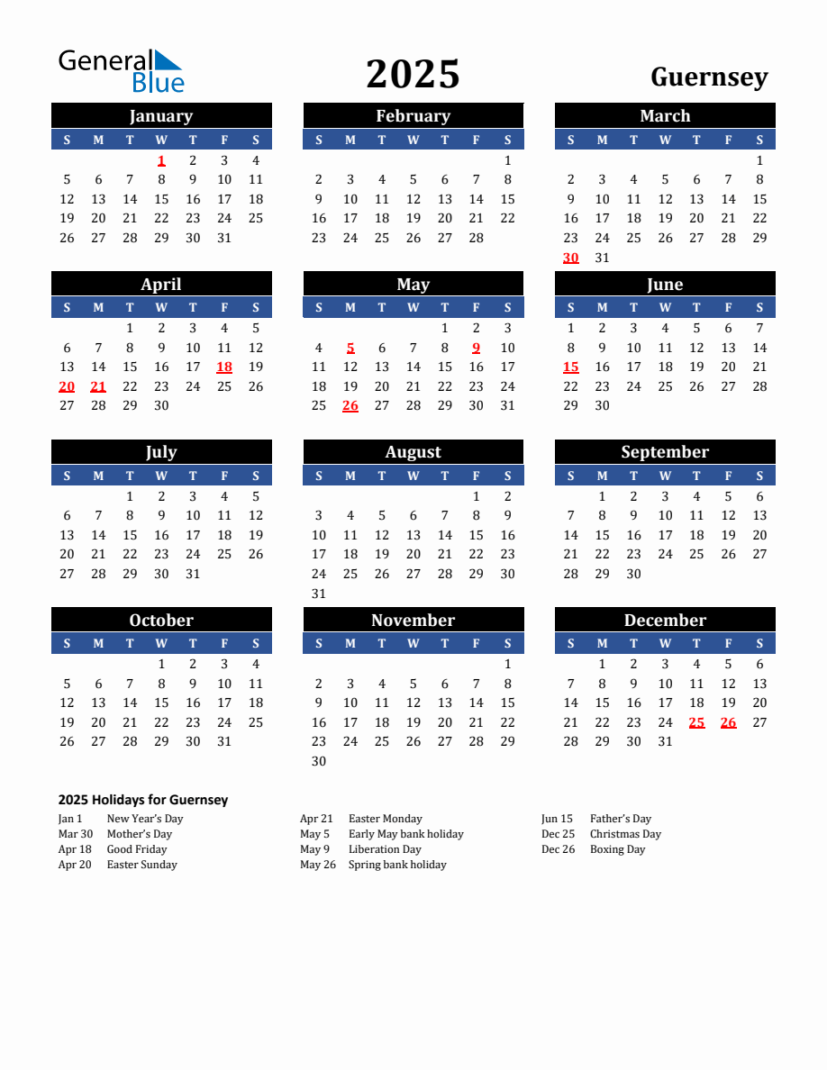 2025 Guernsey Holiday Calendar