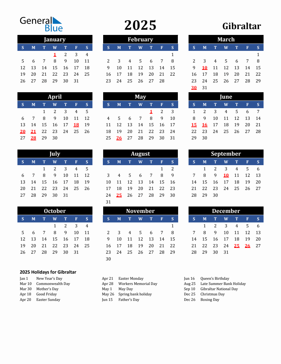 2025 Gibraltar Holiday Calendar