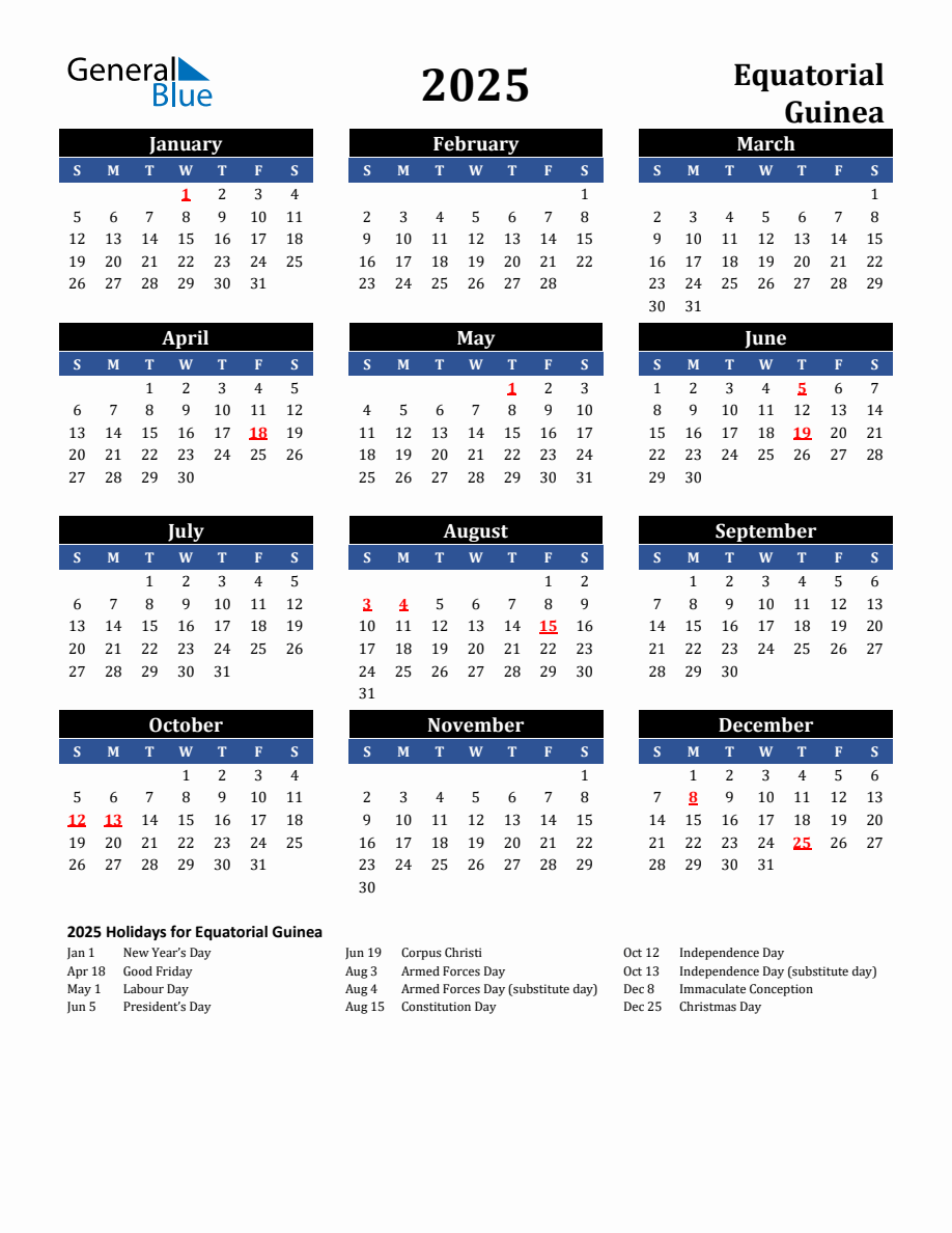 2025 Equatorial Guinea Holiday Calendar