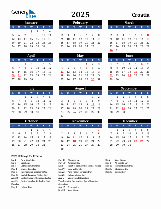 2025 Croatia Holiday Calendar