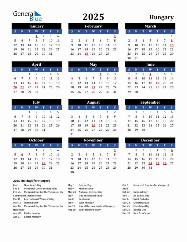 2025 Hungary Calendar with Holidays
