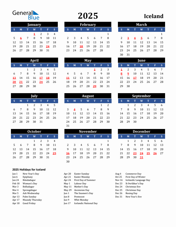 2025 Iceland Holiday Calendar