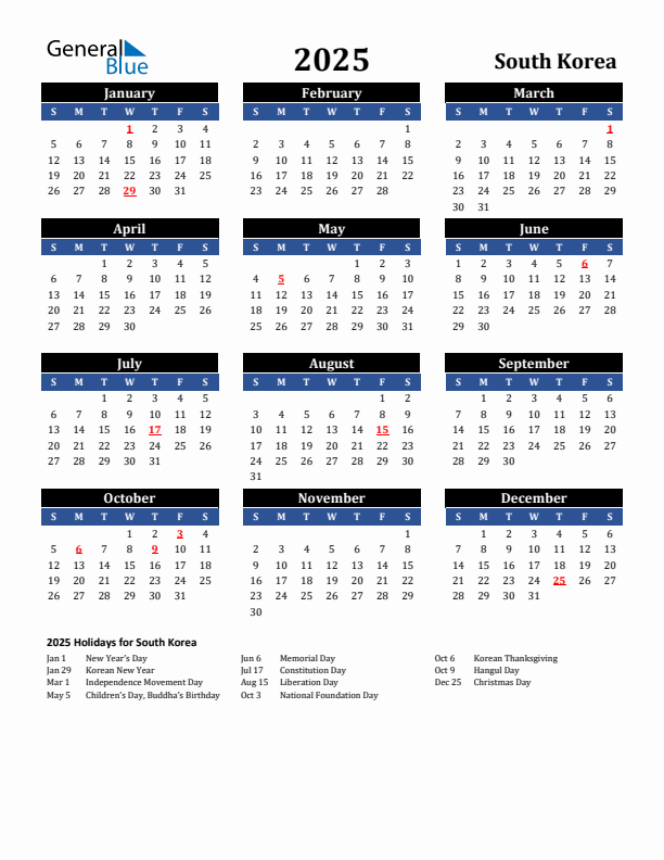 2025 South Korea Holiday Calendar
