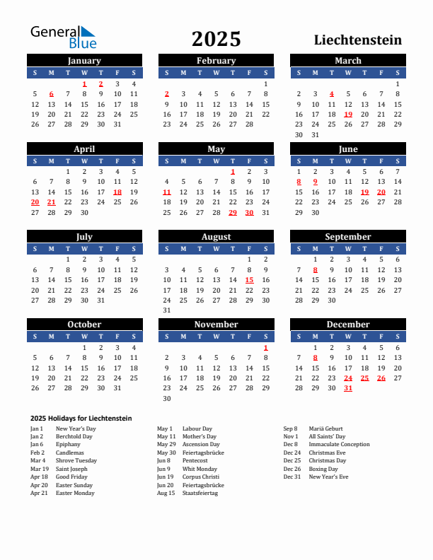 2025 Liechtenstein Holiday Calendar