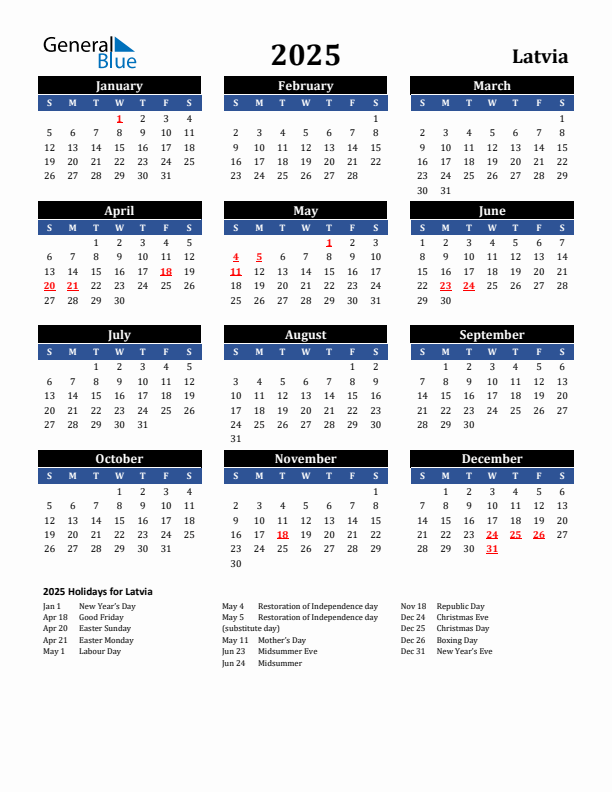 2025 Latvia Holiday Calendar