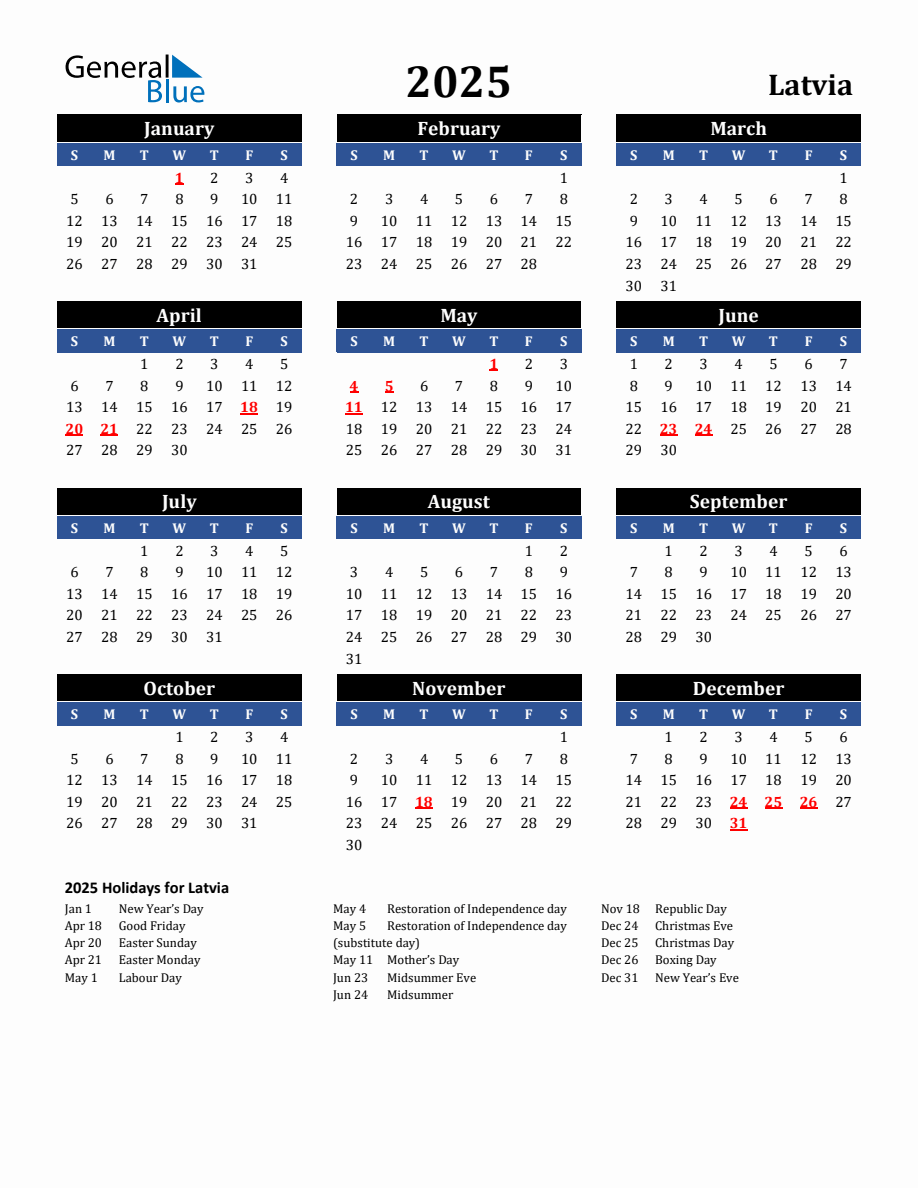 2025 Latvia Holiday Calendar