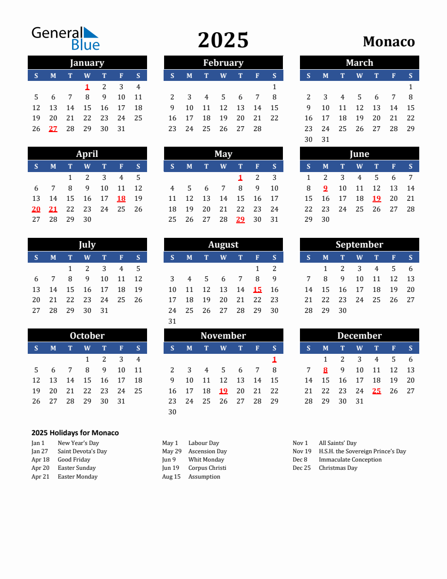 2025 Monaco Holiday Calendar