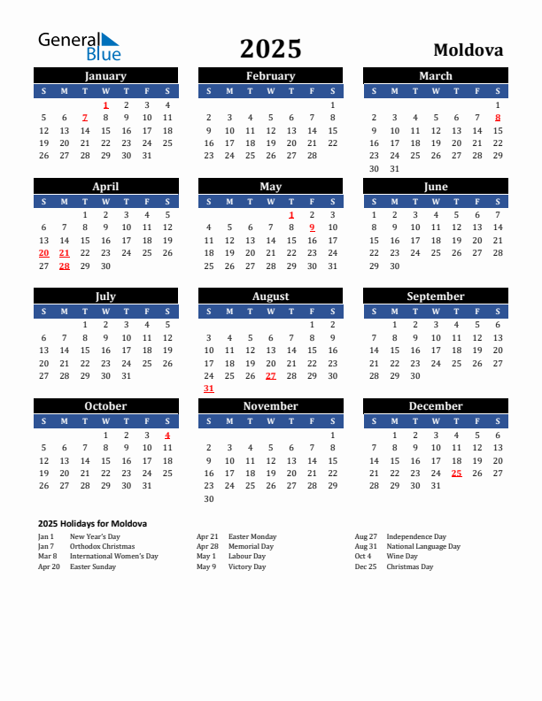 2025 Moldova Holiday Calendar
