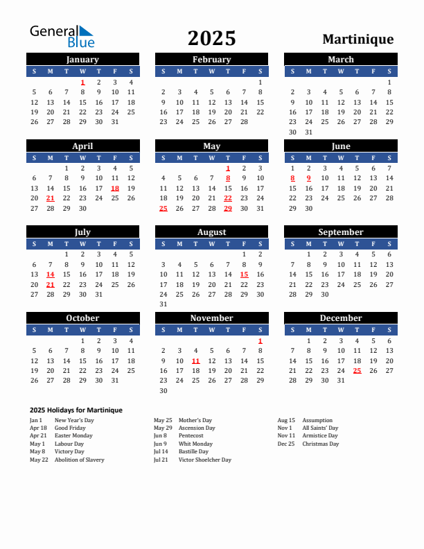 2025 Martinique Holiday Calendar
