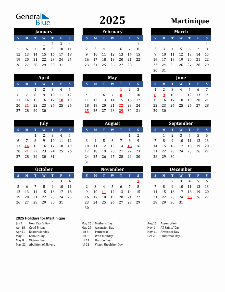 2025 Martinique Holiday Calendar