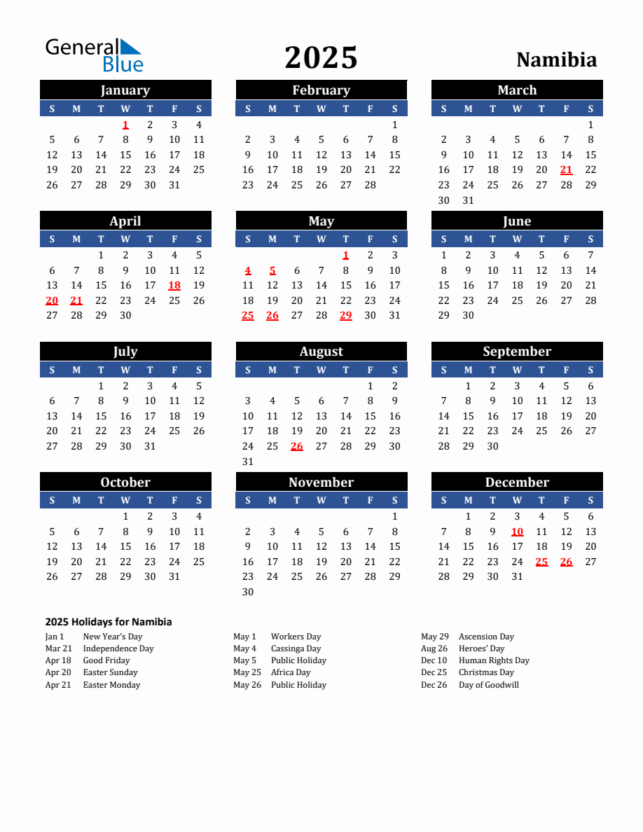 2025 Namibia Holiday Calendar