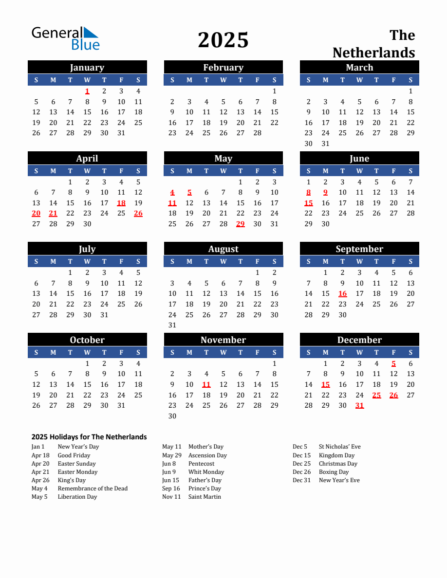 2025 The Netherlands Holiday Calendar