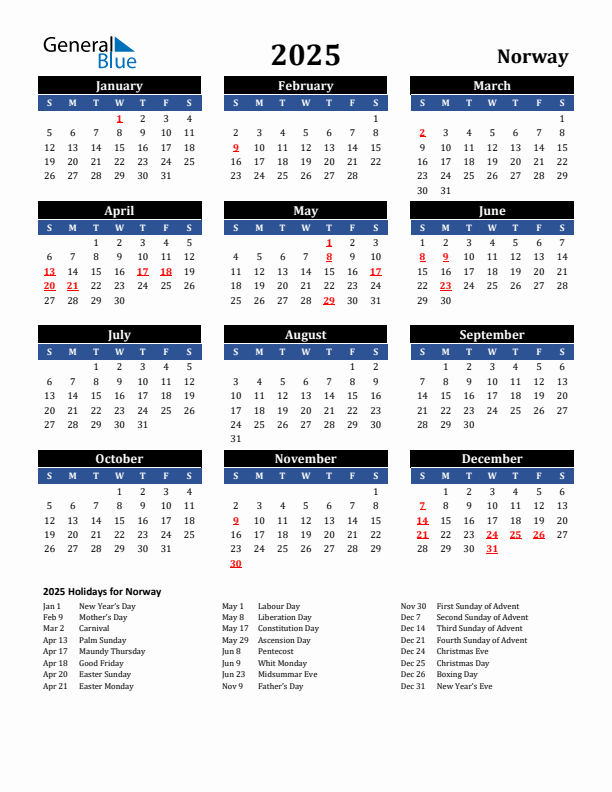 2025 Norway Holiday Calendar