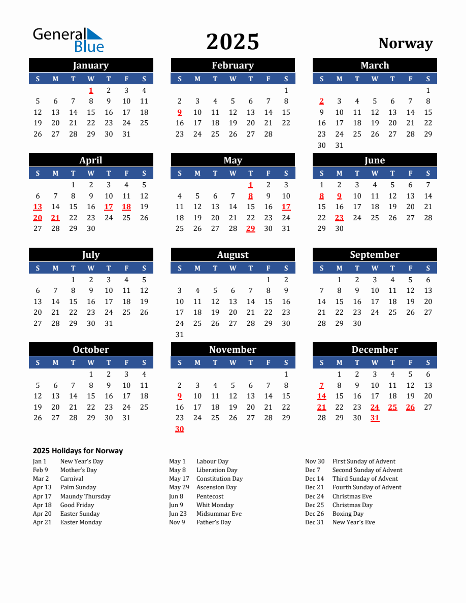 2025 Norway Holiday Calendar