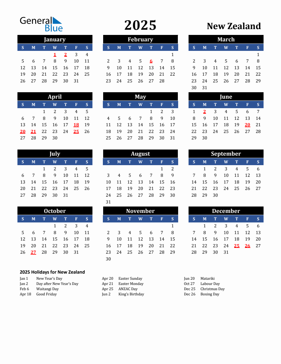 2025 New Zealand Holiday Calendar