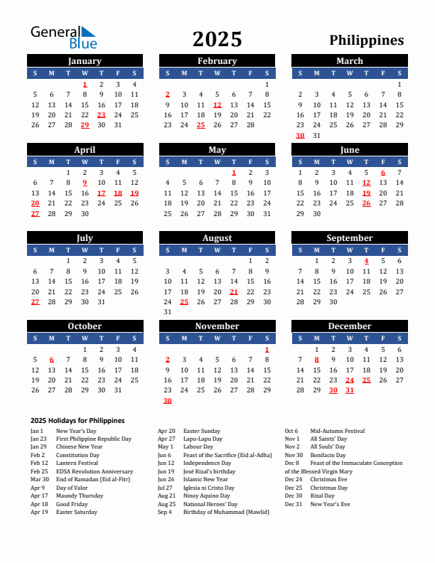 2025 Philippines Holiday Calendar