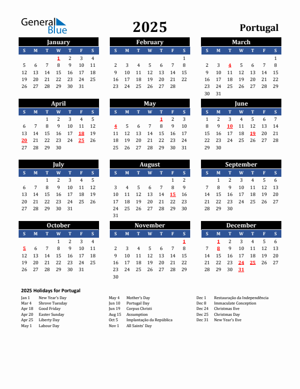 2025 Portugal Holiday Calendar