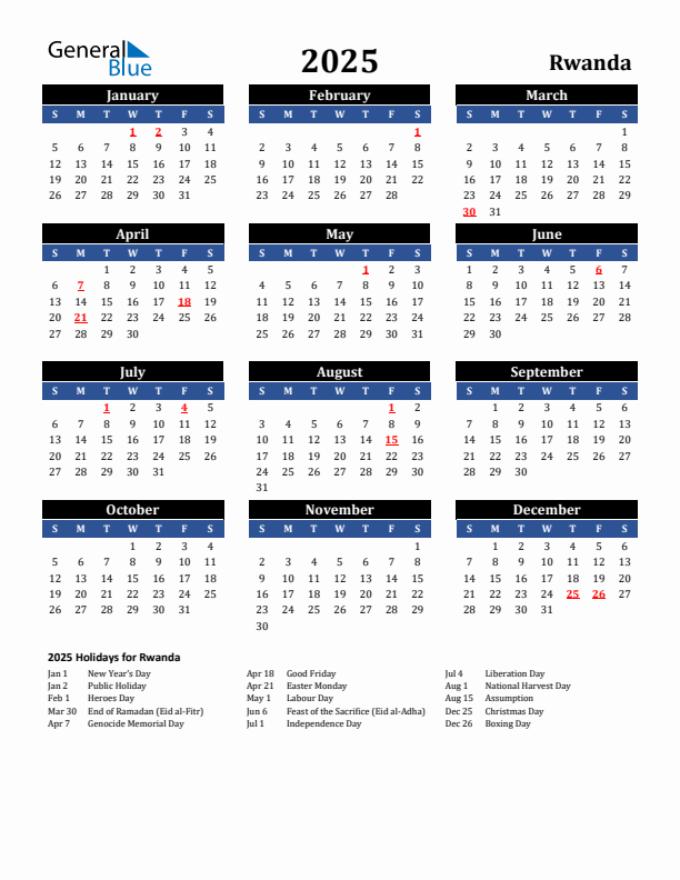 2025 Rwanda Calendar with Holidays