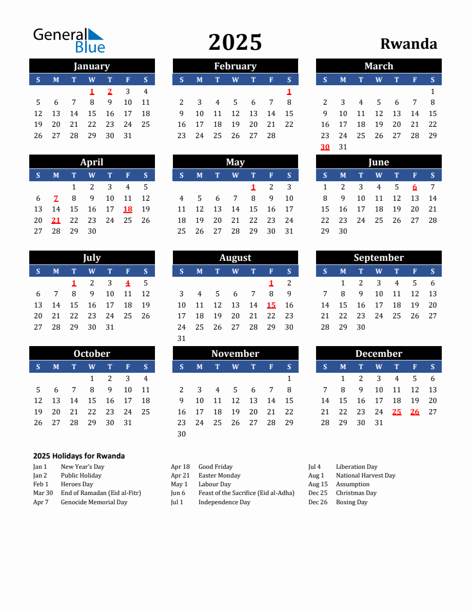 2025 Rwanda Holiday Calendar