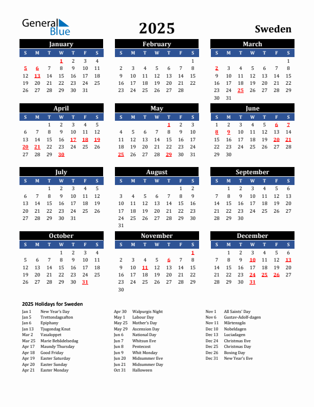 2025 Sweden Holiday Calendar