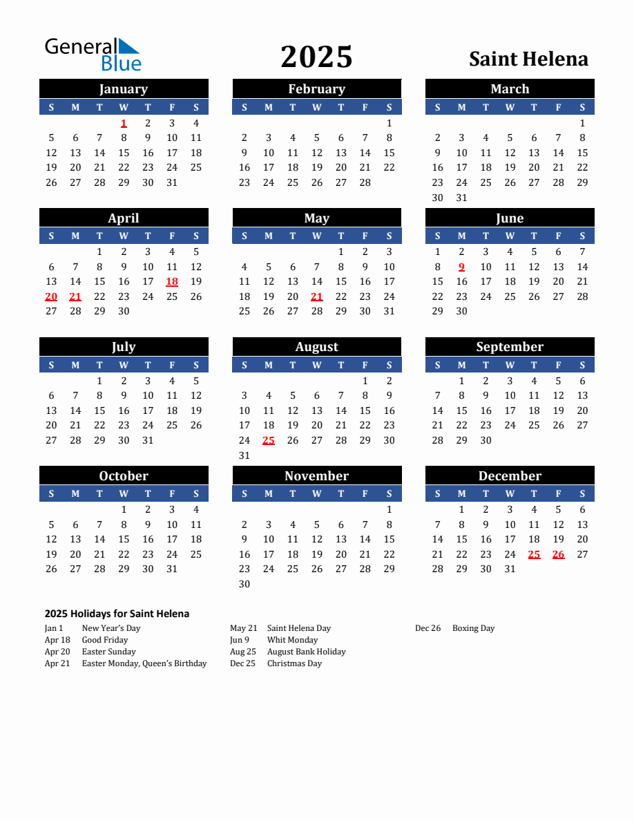 2025 Saint Helena Holiday Calendar