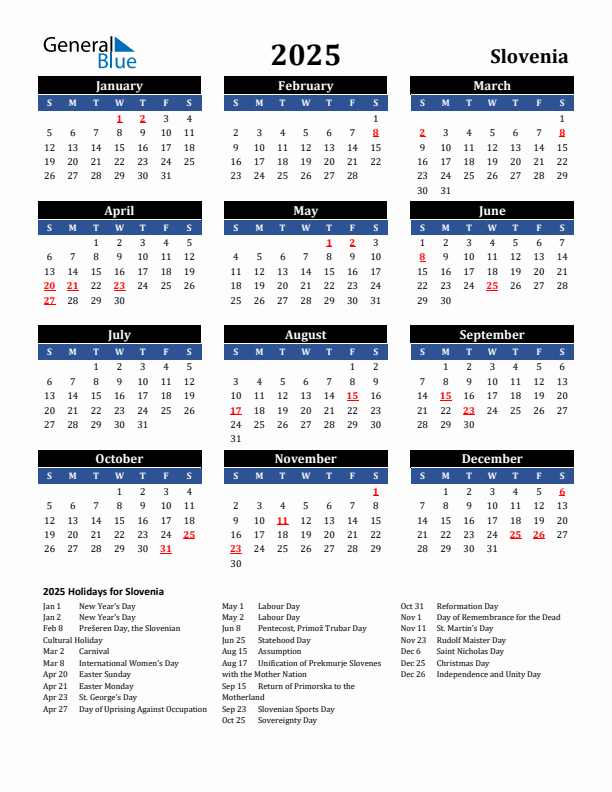 2025 Slovenia Holiday Calendar