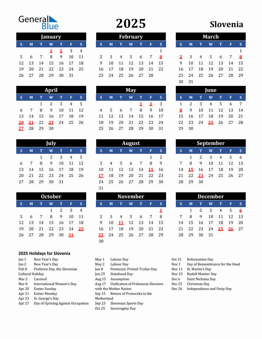 2025 Slovenia Holiday Calendar