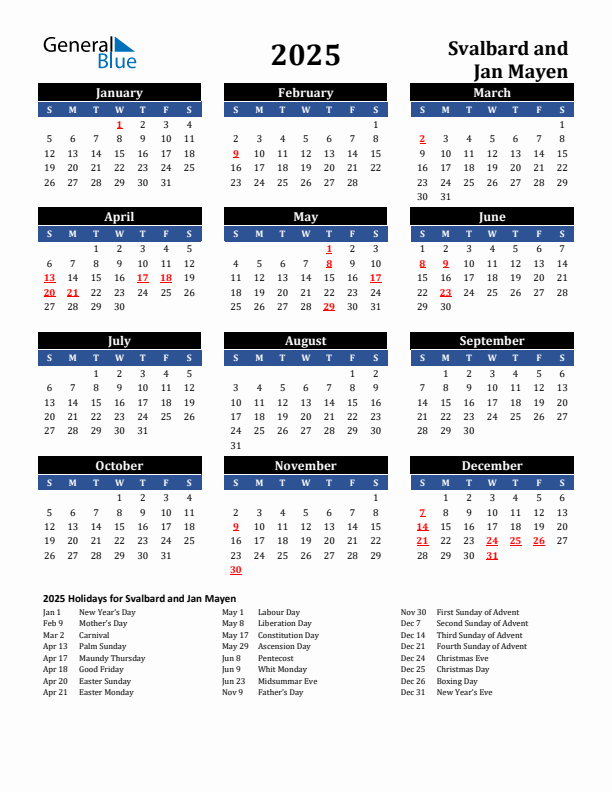 2025 Svalbard and Jan Mayen Holiday Calendar