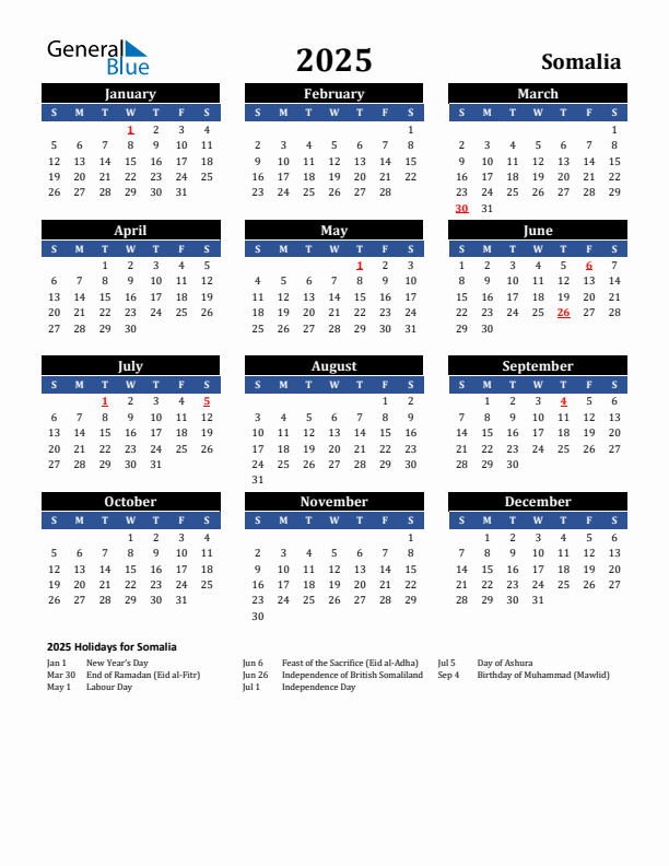 2025 Somalia Holiday Calendar
