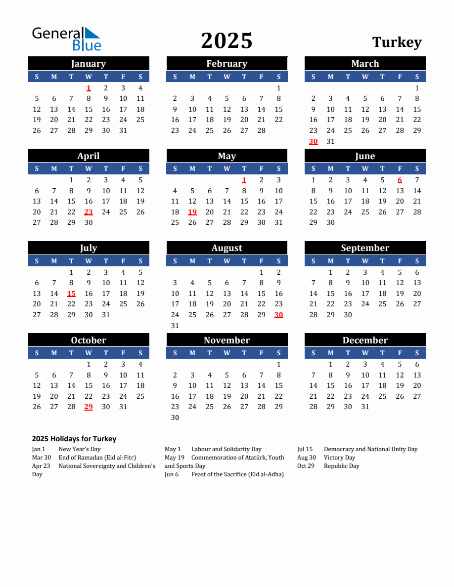 2025 Turkey Holiday Calendar