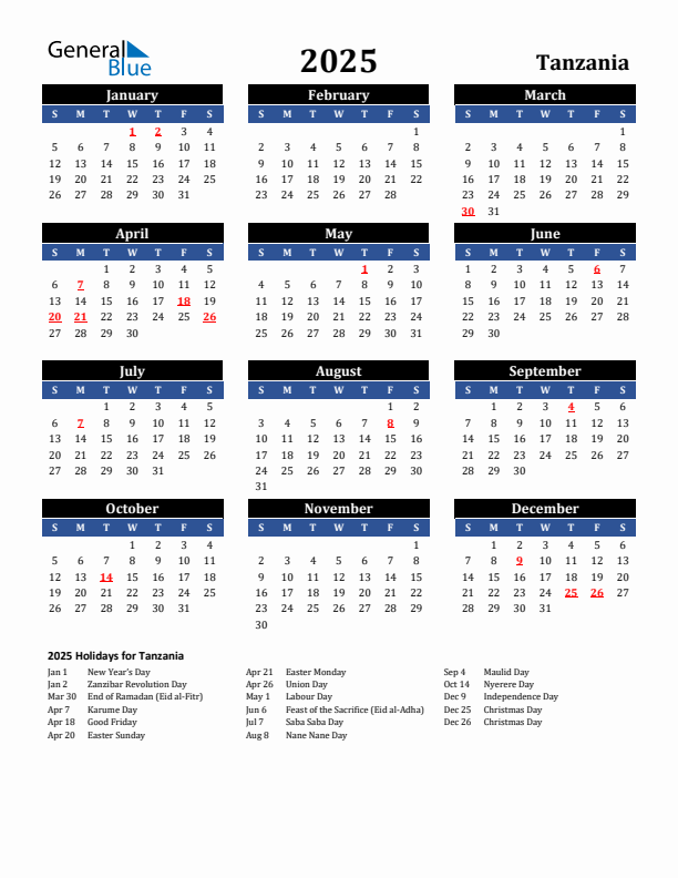 2025 Tanzania Holiday Calendar