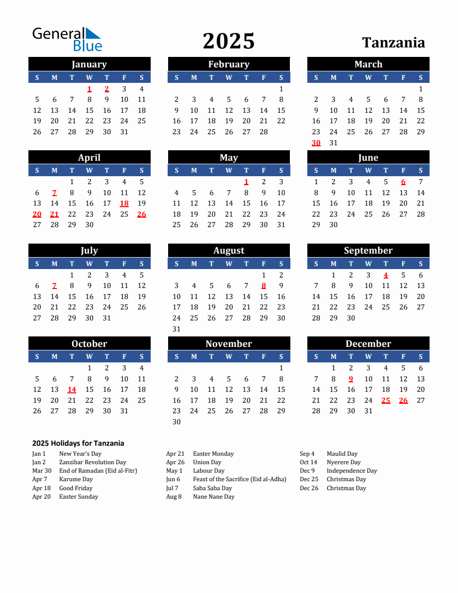 2025 Tanzania Holiday Calendar