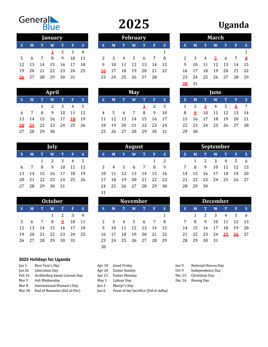 Calendar 2025 With Holidays Uganda 