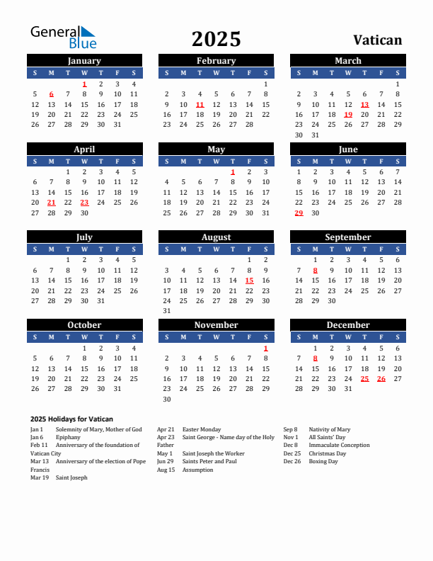 2025 Vatican Holiday Calendar
