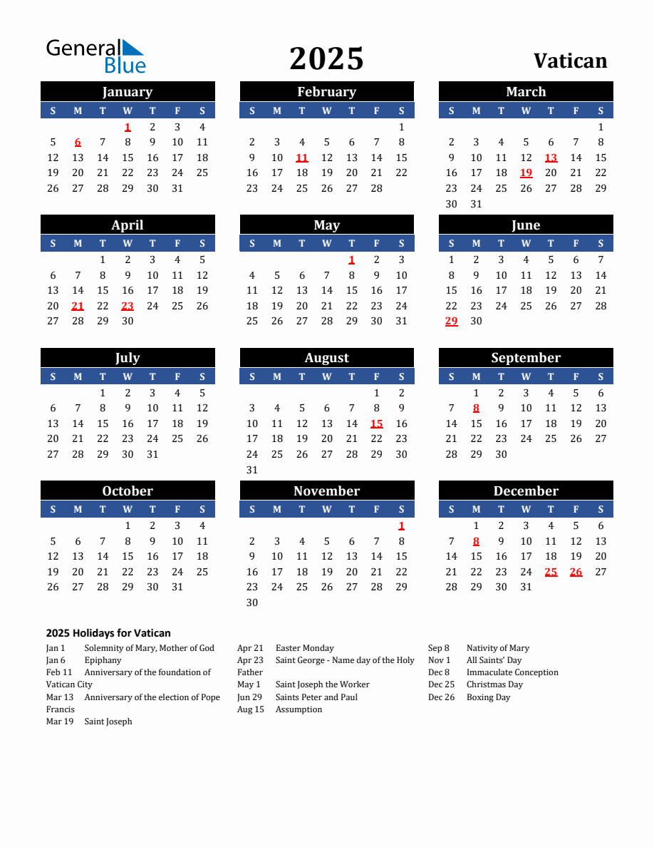 2025 Vatican Holiday Calendar