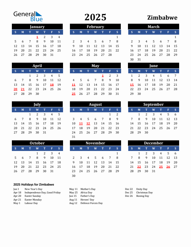 2025 Zimbabwe Holiday Calendar