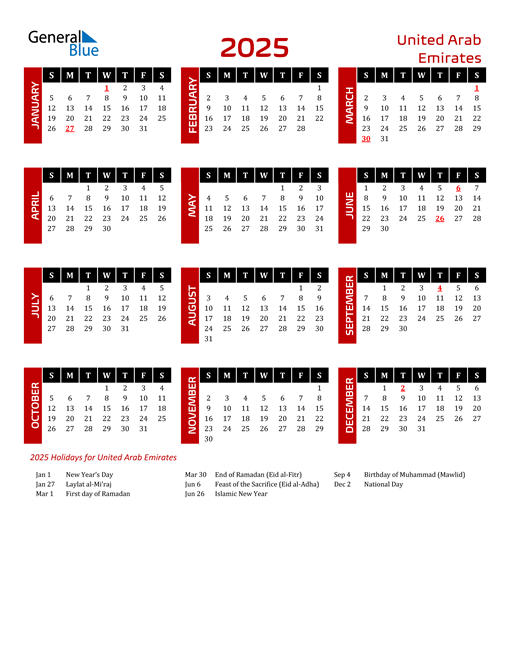 2025 United Arab Emirates Calendar with Holidays