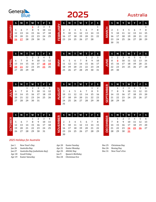 2025 Australia Calendar with Holidays