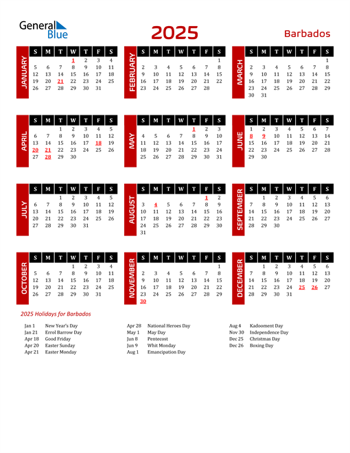 2025 Barbados Calendar with Holidays