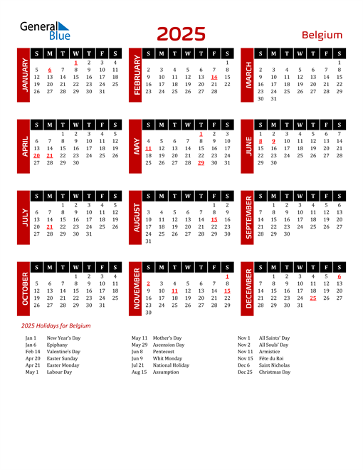 2025 Belgium Calendar with Holidays