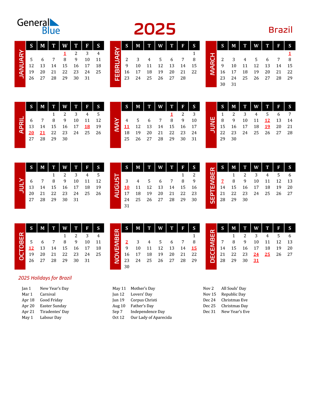 2025 Brazil Calendar with Holidays