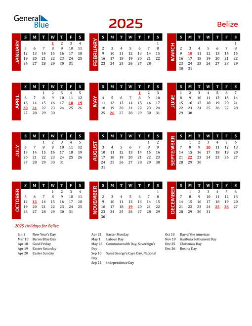 2025 Belize Calendar with Holidays