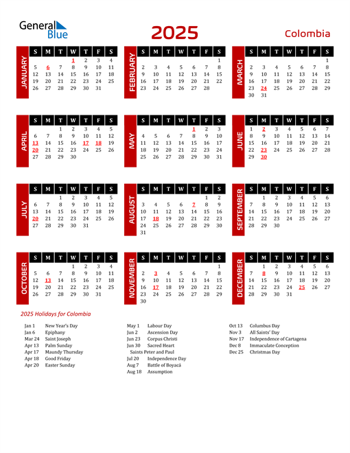 2025 Colombia Calendar with Holidays