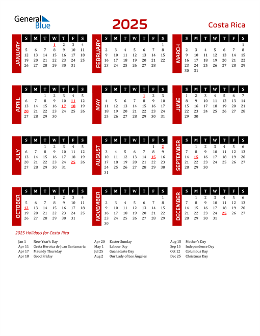 Download Costa Rica 2025 Calendar