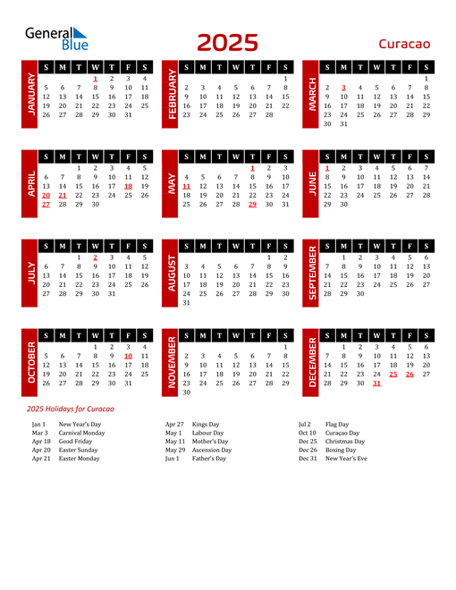 Download Curacao 2025 Calendar