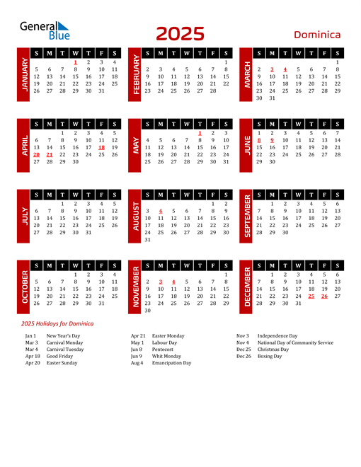 Download Dominica 2025 Calendar